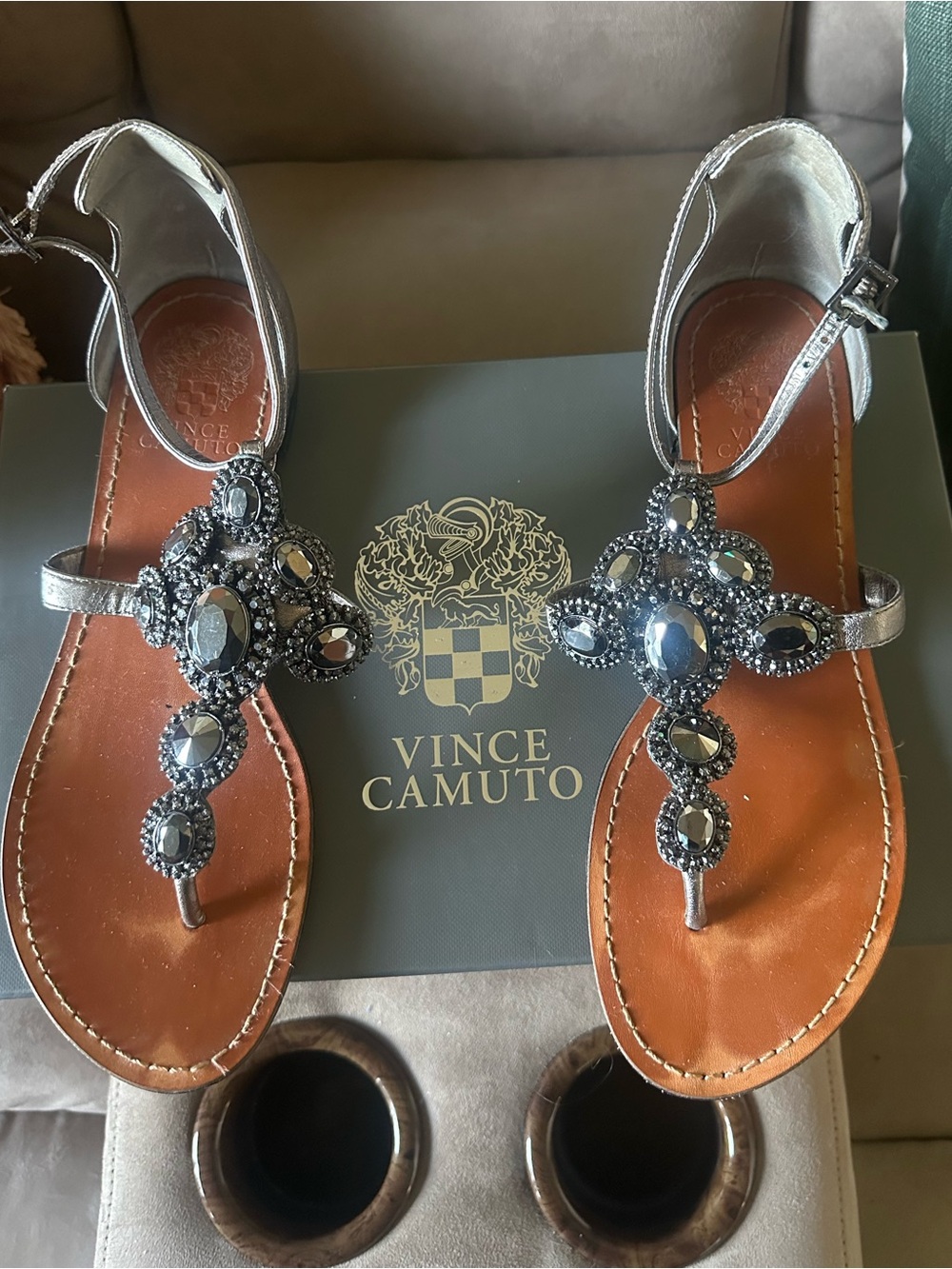 Vince Camuto Metallic Silver Embellished T-Strap Sandals